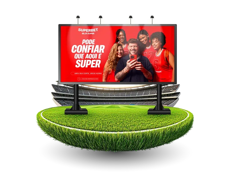 A digital billboard beside a stadium pitch, displaying a sportsbook ad
