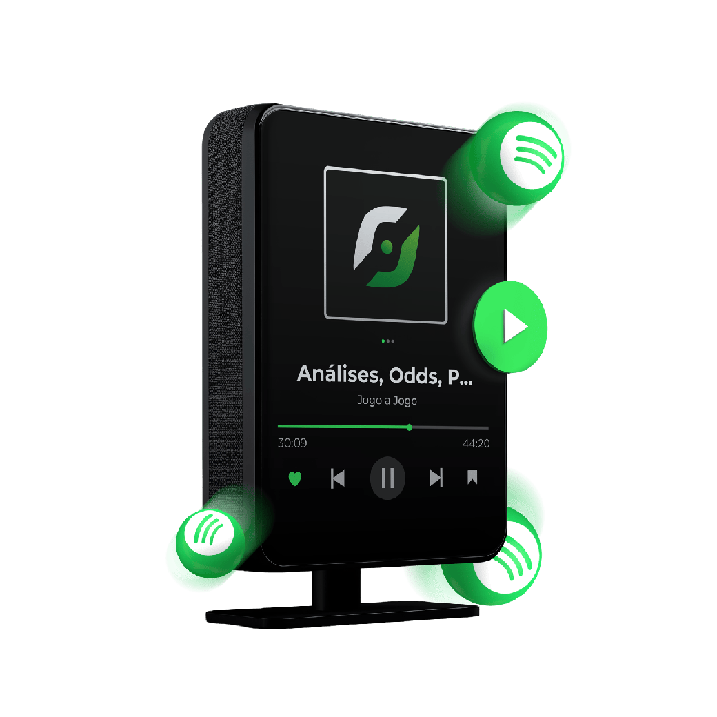 A smart speaker on a stand playing a Jogo a Jogo podcast episode, surrounded by glowing Spotify badges
