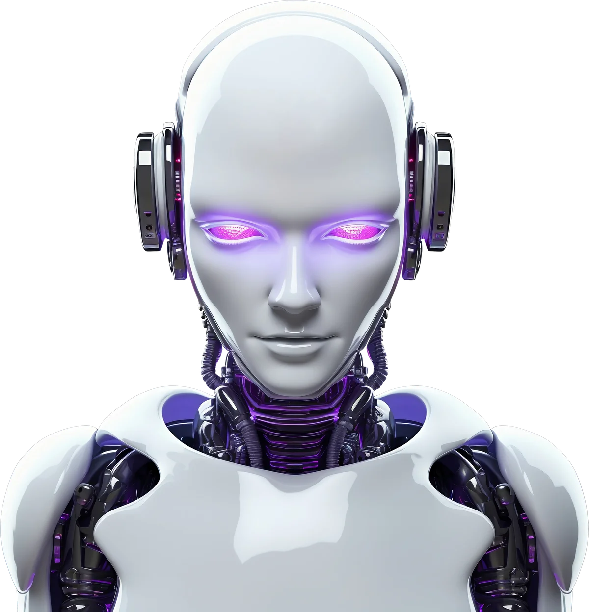 A humanoid robot face with glowing purple eyes, representing AI