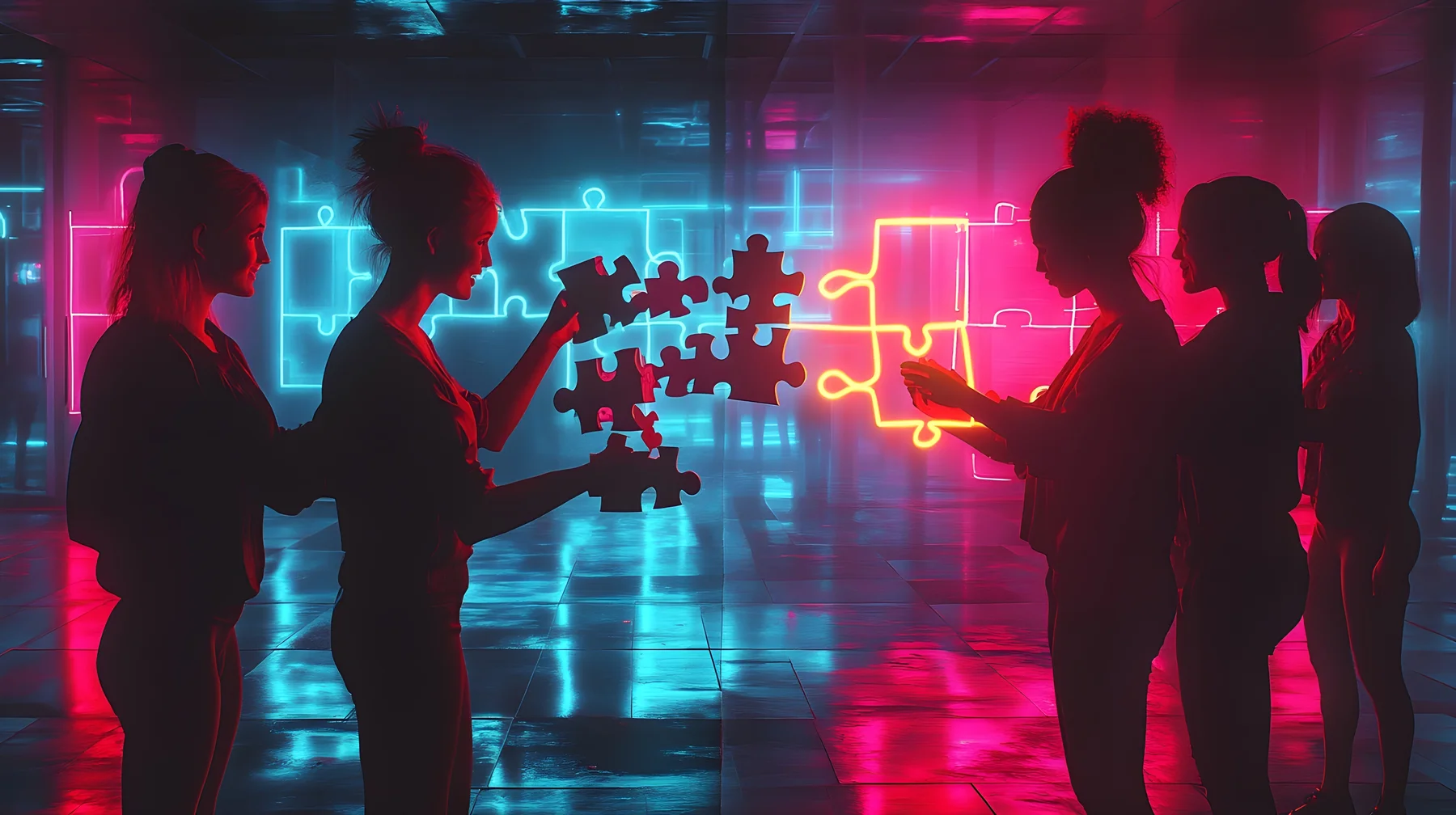 Silhouettes of two teams assembling a glowing neon puzzle to represent a business partnership