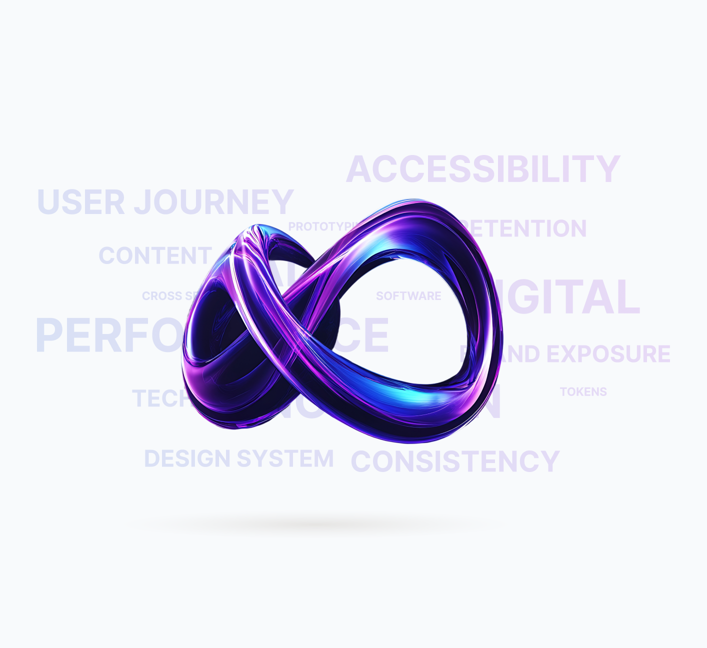 A glossy purple 3D infinity loop over a faint backdrop of words like accessibility, consistency and user journey