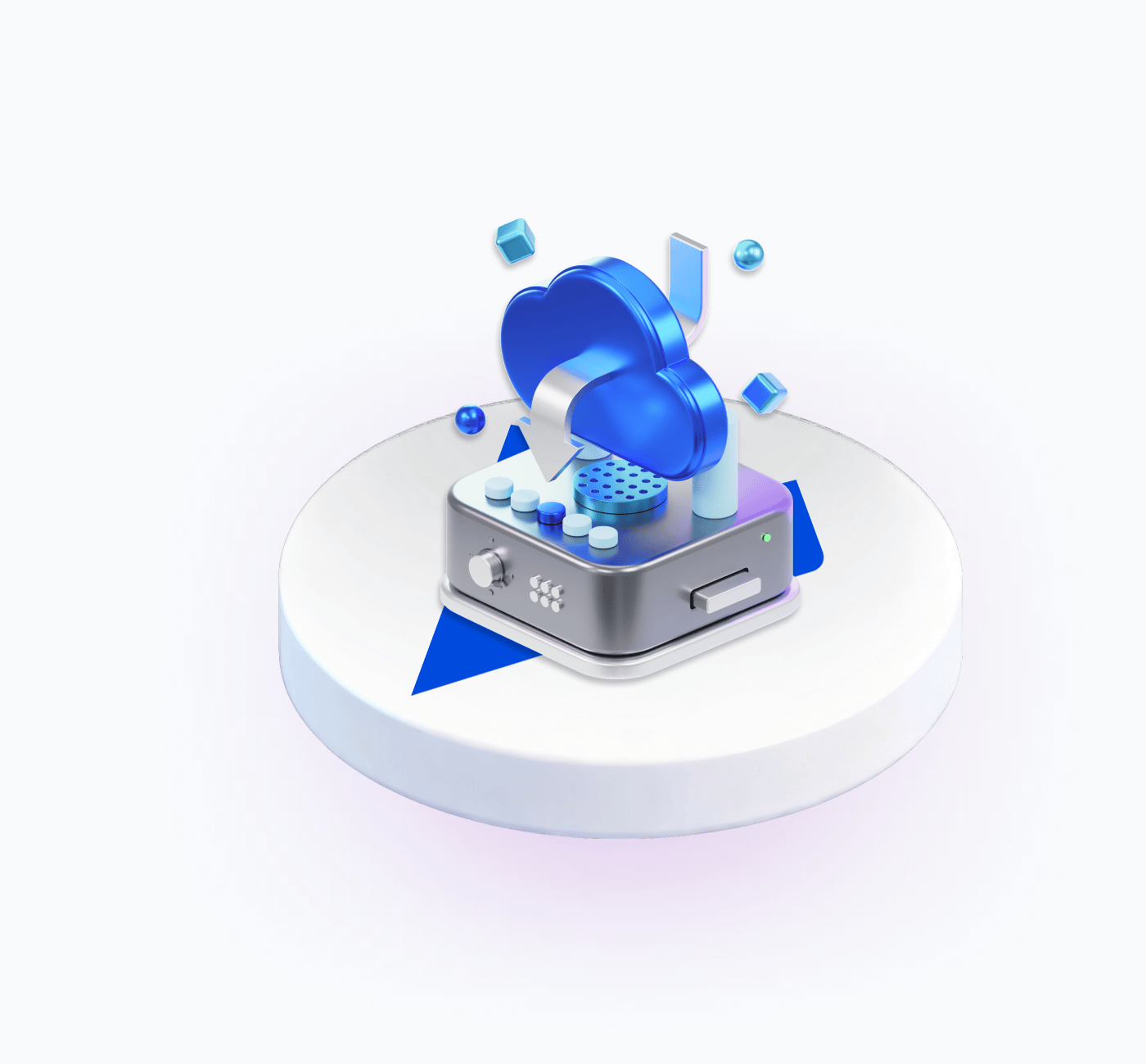 An isometric illustration of a cloud upload icon above a metallic hardware device on a circular platform, with floating geometric shapes
